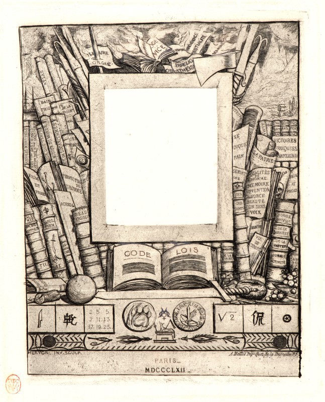 Charles Meryon (French, 1821 - 1868). Design for a frame for the Portrait of Armand Guéraud (Projet d'Encadrement pour le Portrait d'Armand Guéraud), 1862. Etching. Eleventh of thirteen states.