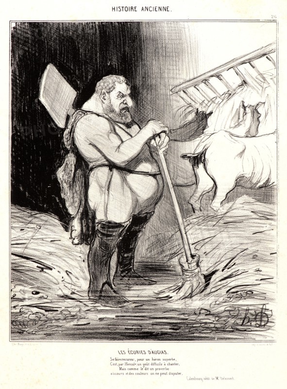 Honoré Daumier (French, 1808 - 1879). Les Ãâcuries d'Augias, 1842. From Histoire Ancienne. Lithograph on white wove paper. Image: 247 mm x 207 mm (9.72 in. x 8.15 in.). Third of four states.