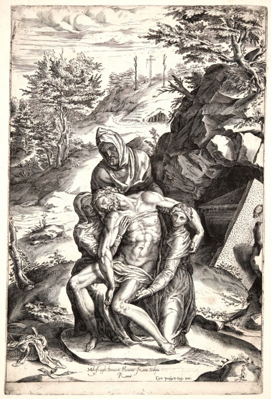 Cherubino Alberti (Italian, 1553-1615) after Michelangelo Buonarroti (Italian, 1475 - 1564). Pieta; The Body of Christ Supported by the Virgin, Another Female Saint, and St. Joseph of Arimathea, ca. 1560-1590. Engraving. Plate: 465 mm x 307 mm (18.31 in. x 12.09 in.).
