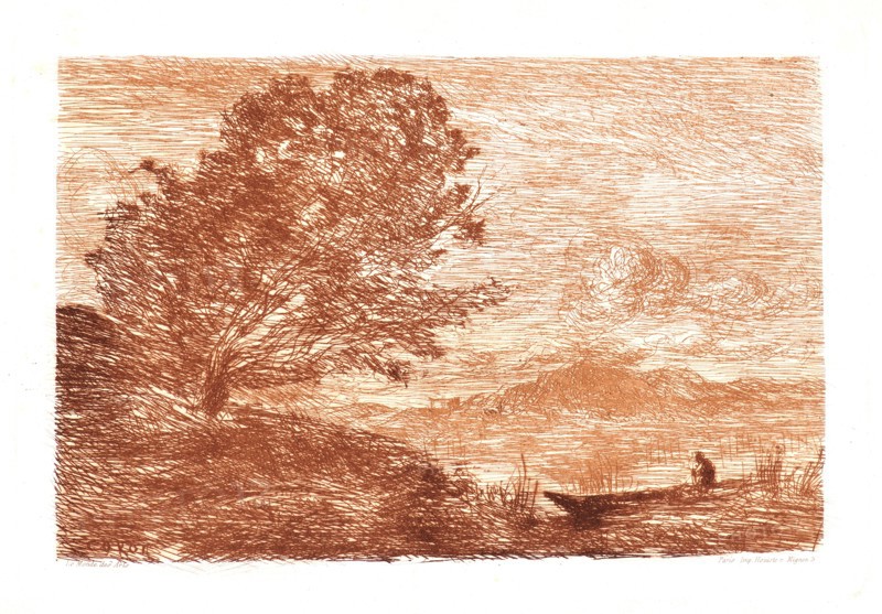 Jean-Baptiste-Camille Corot (French, 1796 - 1875). A Lake in the Tyrol, ca. 1863- 1865. Etching printed in red-brown ink. Plate: 131 mm x 193 mm (5.16 in. x 7.6 in.). Third of three states, with letters.