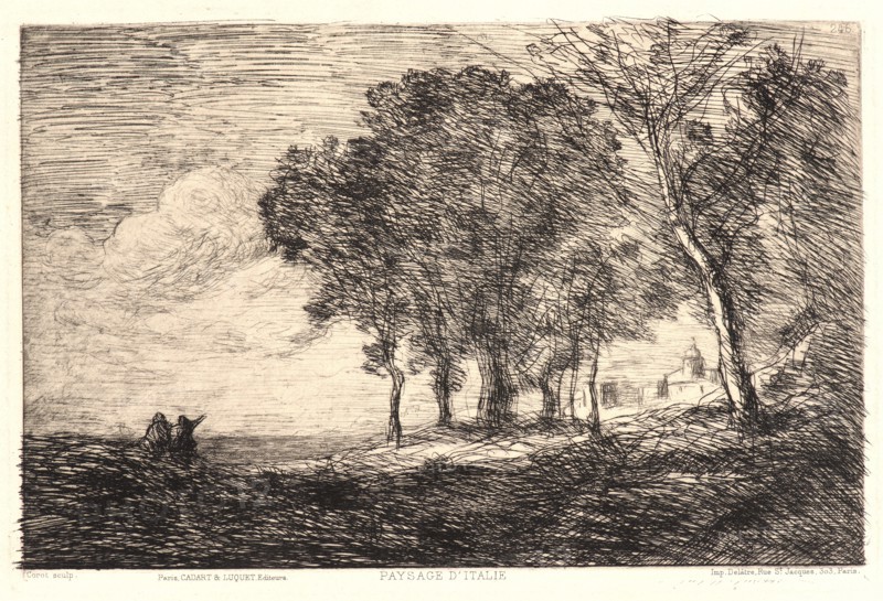 Jean-Baptiste-Camille Corot (French, 1796 - 1875). Italian Landscape, 1866. Etching on wove paper. Plate: 161 mm x 240 mm (6.34 in. x 9.45 in.). Second of three states, with letters.