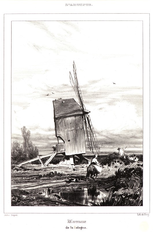 Jules Dupré (French, 1811 - 1889). Mill in the Sologne (Moulin de la Sologne), 1835. Lithograph on wove paper. Image: 197 mm x 140 mm (7.76 in. x 5.51 in.). First of three states, with letters.