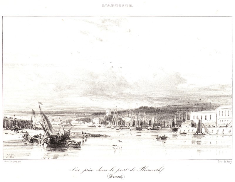 Jules Dupré (French, 1811 - 1889). View of the Port of Plymouth (Vue prise dans le port de Plymouth), 1836. Lithograph on wove paper. Image: 127 mm x 203 mm (5 in. x 7.99 in.). First of two states, with letters.