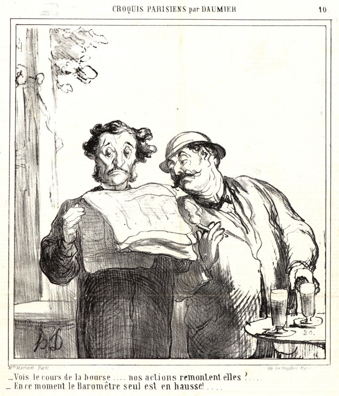 Honoré Daumier (French, 1808 - 1879). Vois le cours de la bourse..., 1865. From Croquis Parisiens. Lithograph on newsprint paper. Image: 228 mm x 214 mm (8.98 in. x 8.43 in.). Second of two states.