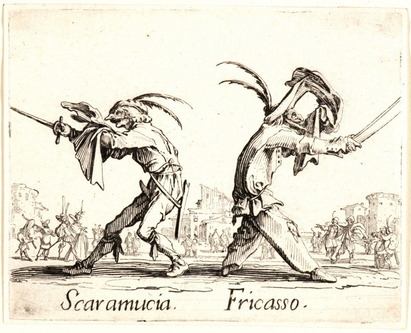 Jacques Callot (French, 1592 - 1635). Scaramucia and Fricasso, 1622 and later. From Balli di Sfessania. Etching. Plate: 72 mm x 90 mm (2.83 in. x 3.54 in.). First of two states.