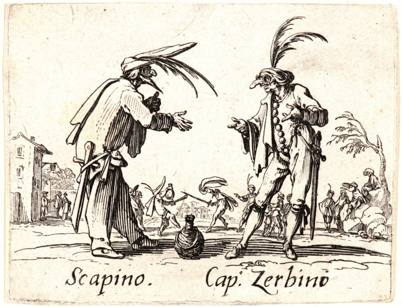 Jacques Callot (French, 1592 - 1635). Scapino and Cap. Zerbino, 1622 and later. From Balli di Sfessania. Etching. Plate: 72 mm x 92 mm (2.83 in. x 3.62 in.). First of two states.