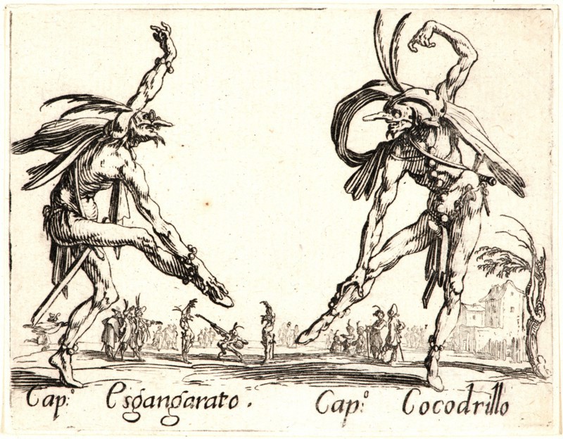 Jacques Callot (French, 1592 - 1635). Cap. Espangarata and Cap. Cocodrillo, 1622 and later. From Balli di Sfessania. Etching. First of two states.