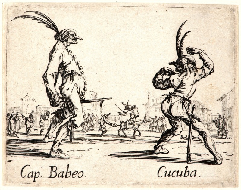 Jacques Callot (French, 1592 - 1635). Cap. Babeo and Cucuba, 1622 and later. From Balli di Sfessania. Etching. First of two states.