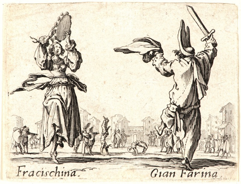 Jacques Callot (French, 1592 - 1635). Fracischina and Gian Farina, 1622 and later. From Balli di Sfessania. Etching. First of two states.