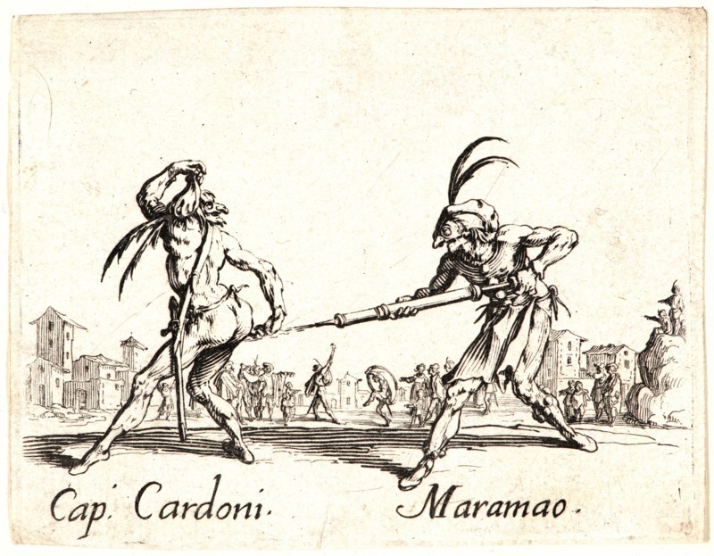 Jacques Callot (French, 1592 - 1635). Cap. Cardoni and Maramao, 1622 and later. From Balli di Sfessania. Etching. First of two states.