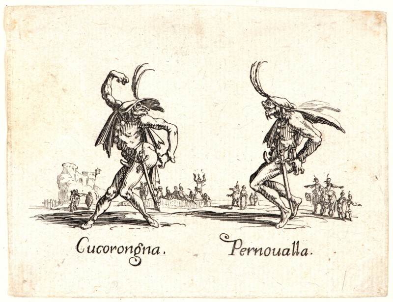 Jacques Callot (French, 1592 - 1635). Cucorogna and Pernoualla, 1622 and later. From Balli di Sfessania. Etching. First of two states.