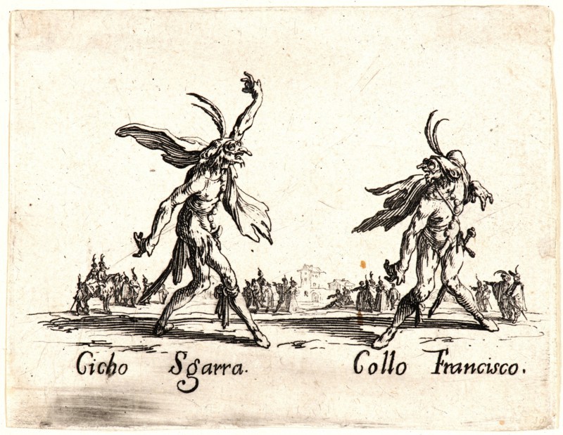 Jacques Callot (French, 1592 - 1635). Cicho Sgarra and Collo Francisco, 1622 and later. From Balli di Sfessania. Etching. First of two states.