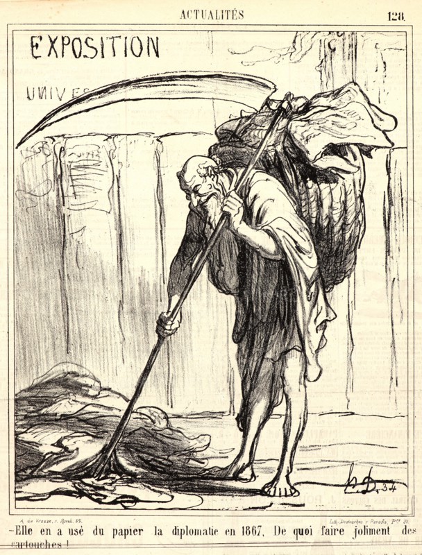 Honoré Daumier (French, 1808 - 1879). Elle en usé du papier la diplomatie en 1867..., 1867. From Actualités. Lithograph on newsprint paper. Image: 256 mm x 210 mm (10.08 in. x 8.27 in.). Fourth of four states.