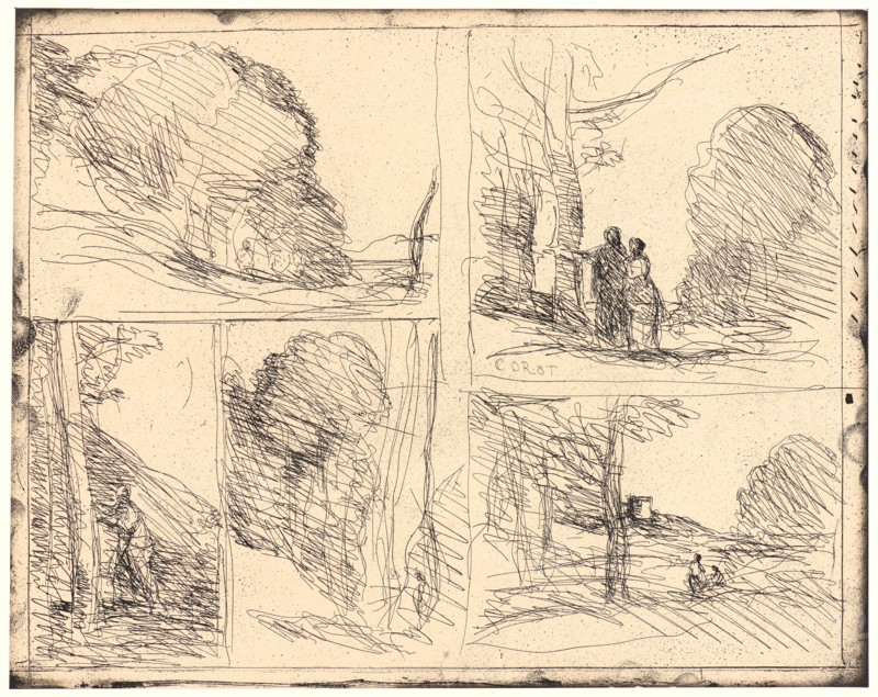 Jean-Baptiste-Camille Corot (French, 1796 - 1875). Le Jardin de Pericles, L'Allee des Peintres, Le Griffonnage, Le Grand Bucheron, La Tour d'Henri VIII, 1856. From Quarante Clichés-Glace. Cliché-verre.