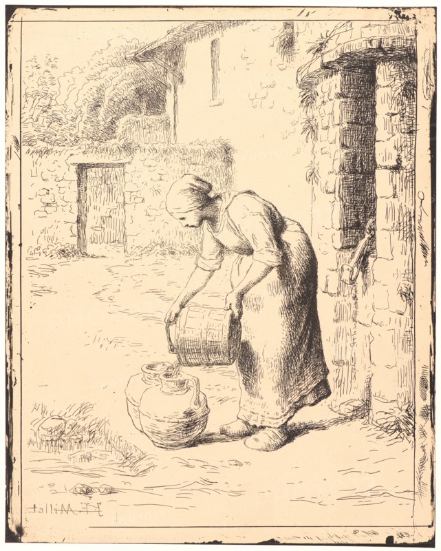 Jean-FranÃ§ois Millet (French, 1814 - 1875). Woman Emptying a Pail (Femme vidant un seau), 1862. From Quarante Clichés-Glace. Cliché-verre.