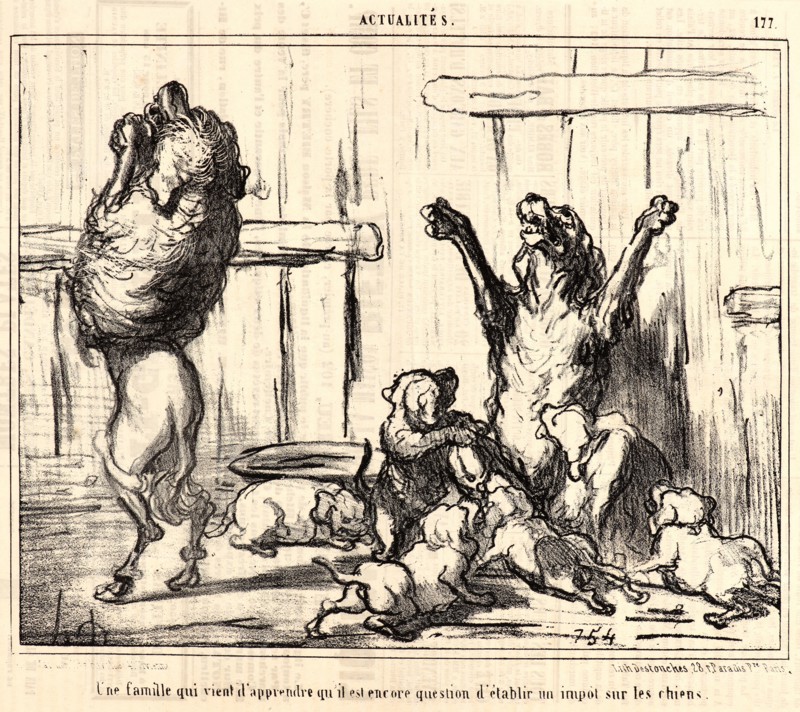 Honoré Daumier (French, 1808 - 1879). Une famille qui vient d'apprendre qu'il est encore question d'éstablir un impot sur les chiens, 1855. From Actualités. Lithograph on newsprint paper. Image: 194 mm x 246 mm (7.64 in. x 9.69 in.). Second of two states.
