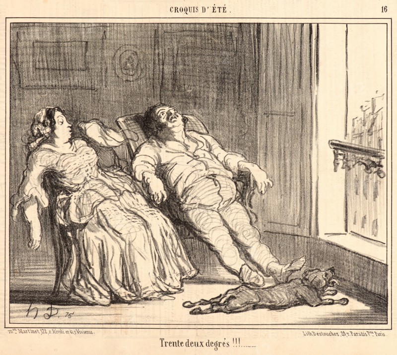 Honoré Daumier (French, 1808 - 1879). Trente deux degres!!!, 1857. From Croquis d'été. Lithograph on newsprint paper. Image: 202 mm x 254 mm (7.95 in. x 10 in.). Second of two states.