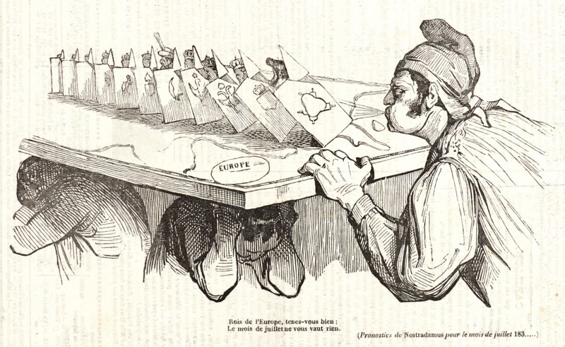 Honoré Daumier (French, 1808 - 1879). Rois de l'Europe, tenez-vous bien; Le mois de juillet ne vous vuat rien., 1834. Wood engraving on newsprint paper. Image: 131 mm x 251 mm (5.16 in. x 9.88 in.).