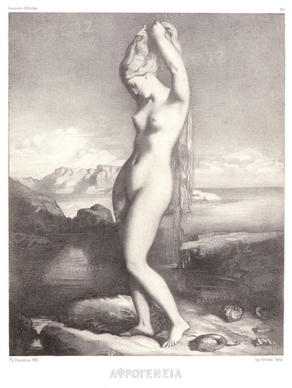 Théodore Chassériau (French, 1819 - 1856). Vénus AnadyomÃ¨ne, 1839. From Souvenirs d'Artistes. Lithograph on chine collé. Second of two states.