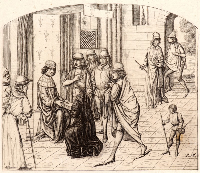 Charles Meryon (French, 1821 - 1868). The Printer Valerius Maximus Being Presented to the King Louis XI (Présentation du ValÃ¨re Maxime au Roi Louis XI), 1860. Etching. Sixth state.