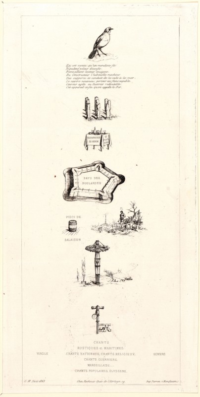 Charles Meryon (French, 1821 - 1868). Rebus: Béranger was not really strong, for he never had the Key of the Fields (Rébus: Béranger ne fut Véritablement Fort, Car il n'eut jamais la Clef des Champs), 19th century. Etching. Third state.
