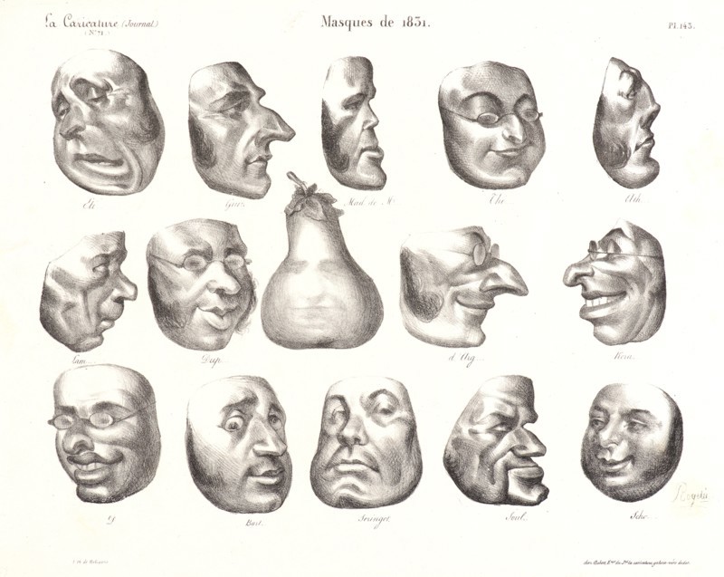 Honoré Daumier (French, 1808 - 1879). Masques de 1831, 1832. Lithograph on white wove paper. Image: 212 mm x 290 mm (8.35 in. x 11.42 in.).