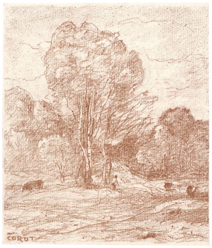 Jean-Baptiste-Camille Corot (French, 1796 - 1875). The Cows' Resting Place, 1871. From Douze Autographies. Transfer lithograph printed in red ink on chine collé. Image: 160 mm x 136 mm (6.3 in. x 5.35 in.). First of two states, before number and address.