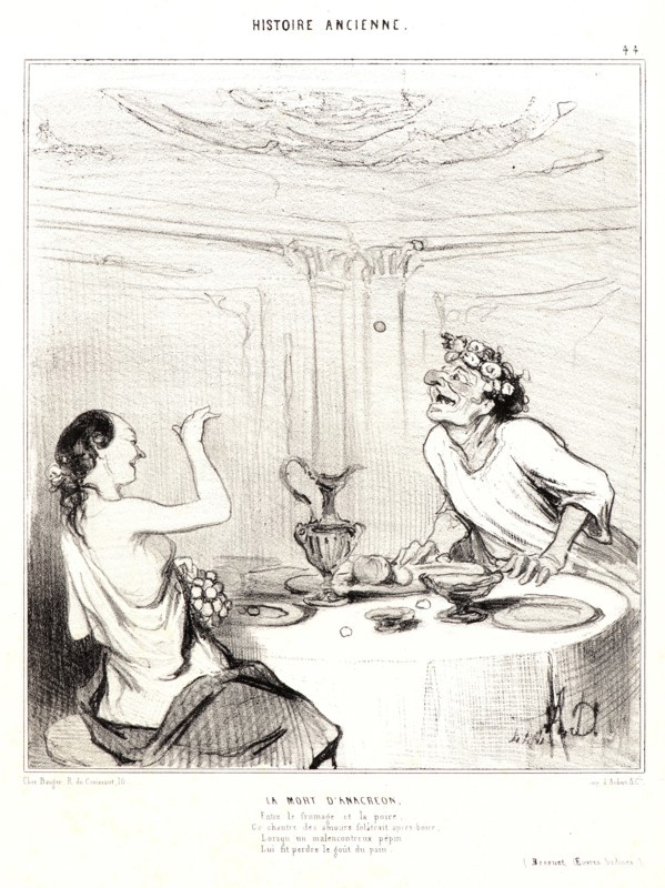 Honoré Daumier (French, 1808 - 1879). La Mort d'Anacréon, 1842. From Histoire Ancienne. Lithograph on white wove paper. Image: 231 mm x 200 mm (9.09 in. x 7.87 in.). Third of three states.