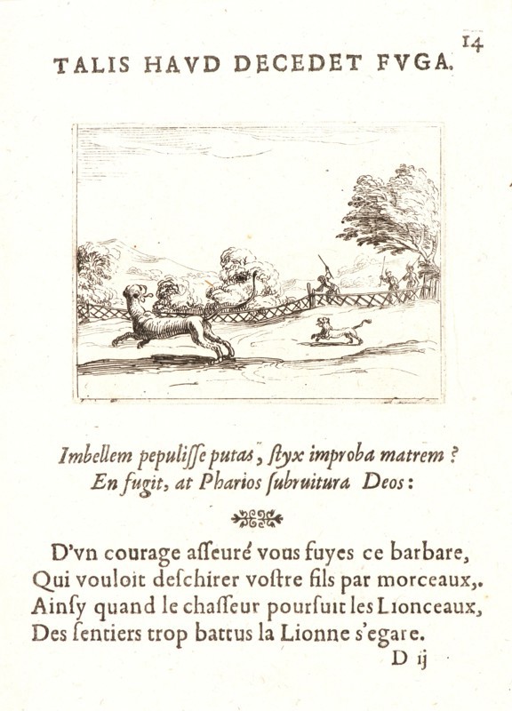 Jacques Callot (French, 1592 - 1635). Une Lionne et son Lionceau Poursuivis par des Chasseurs, 17th century. From The Life of the Virgin in Emblems (La Vie de la MÃ¨re de Dieu représentée par des. Etching. First of two states.