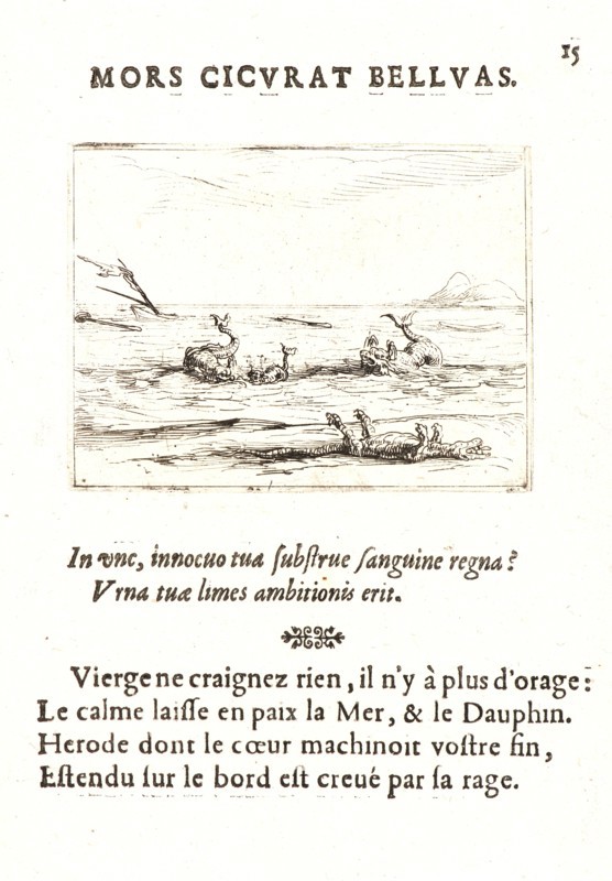 Jacques Callot (French, 1592 - 1635). Les Dauphins et le Crocodile, 17th century. From The Life of the Virgin in Emblems (La Vie de la MÃ¨re de Dieu représentée par des. Etching. First of two states.