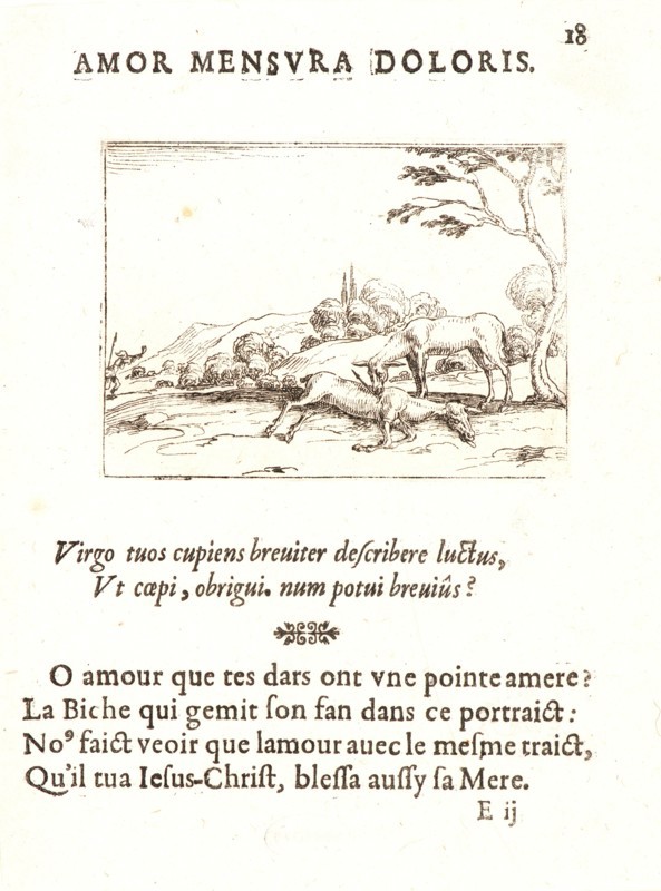 Jacques Callot (French, 1592 - 1635). La Biche qui Pleure son Faon, 17th century. From The Life of the Virgin in Emblems (La Vie de la MÃ¨re de Dieu représentée par des. Etching. First of two states.