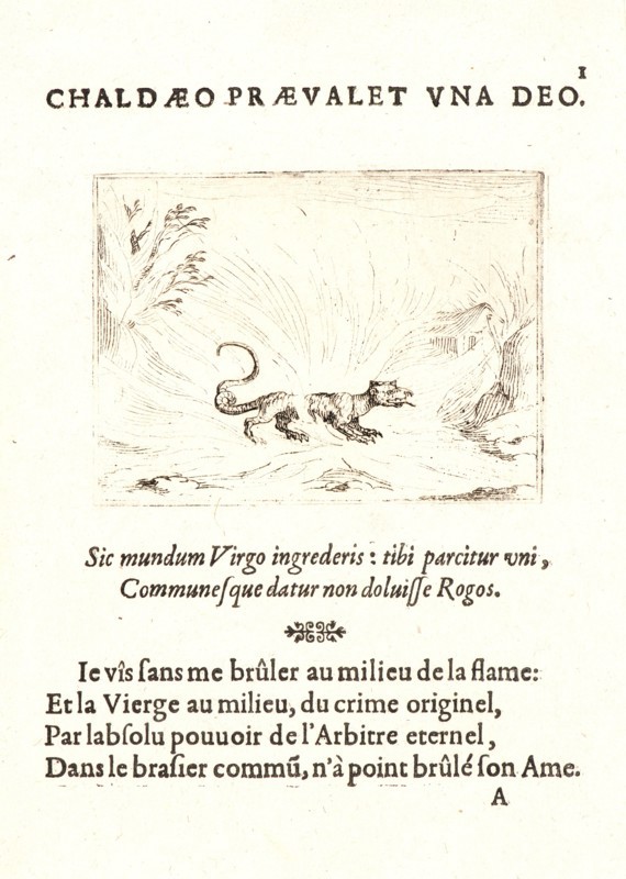 Jacques Callot (French, 1592 - 1635). Salamandre Marchant dans les Flammes, 17th century. From The Life of the Virgin in Emblems (La Vie de la MÃ¨re de Dieu représentée par des. Etching. First of two states.