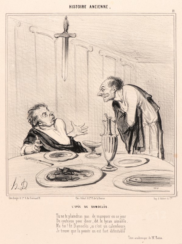 Honoré Daumier (French, 1808 - 1879). L'Epée de Damocles, 1842. From Histoire Ancienne. Lithograph on white wove paper. Image: 213 mm x 199 mm (8.39 in. x 7.83 in.) (image dimensions are for composition). Second of three states.