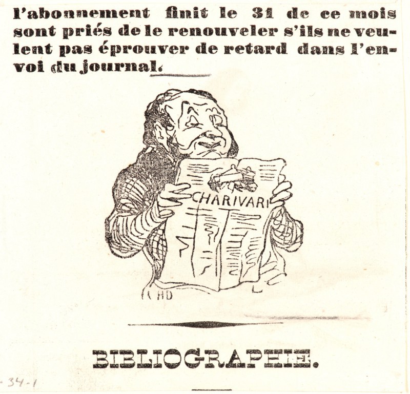 Honoré Daumier (French, 1808 - 1879). L'Abonné du Charivari, 1839. Wood engraving on white wove paper. Image: 40 mm x 38 mm (1.57 in. x 1.5 in.). First of two states.