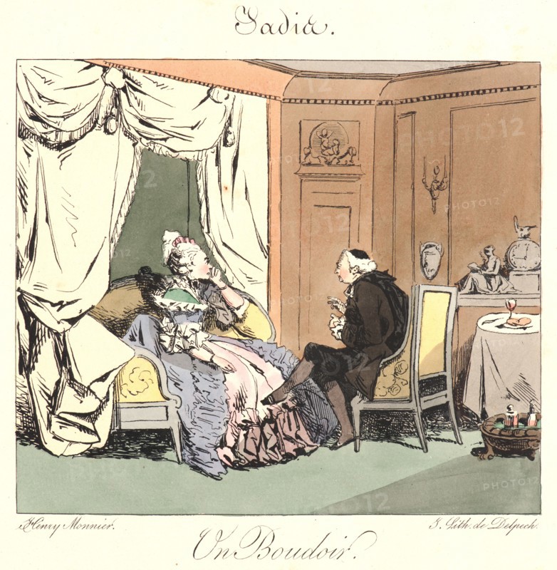 Henry Bonaventure Monnier (French, 1799/1805 - 1877). Un Boudoir (Jadis), 1829. From The 18th Century and Today (Jadis et Aujourd'hui). Pen lithograph with hand coloring.