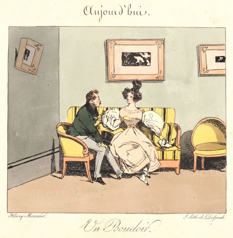 Henry Bonaventure Monnier (French, 1799/1805 - 1877). Un Boudoir (Aujourd'hui), 1829. From The 18th Century and Today (Jadis et Aujourd'hui). Pen lithograph with hand coloring.
