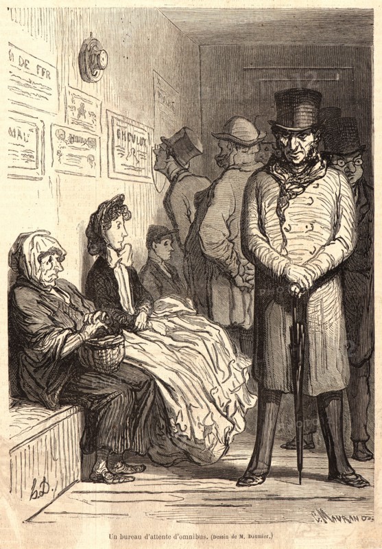 Honoré Daumier (French, 1808 - 1879). Un bureau d'attente d'omnibus, 1862. Wood engraving on newsprint paper. Image: 222 mm x 157 mm (8.74 in. x 6.18 in.).