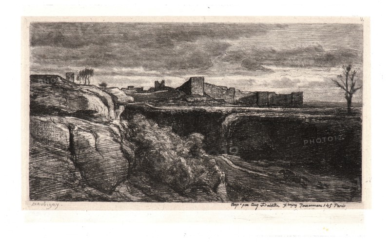 Charles FranÃ§ois Daubigny (French, 1817 - 1878). Landscape with Ruins, 19th century. Etching, soft-ground etching, and roulette on chine collé. Plate: 119 mm x 196 mm (4.69 in. x 7.72 in.). Second of two states.