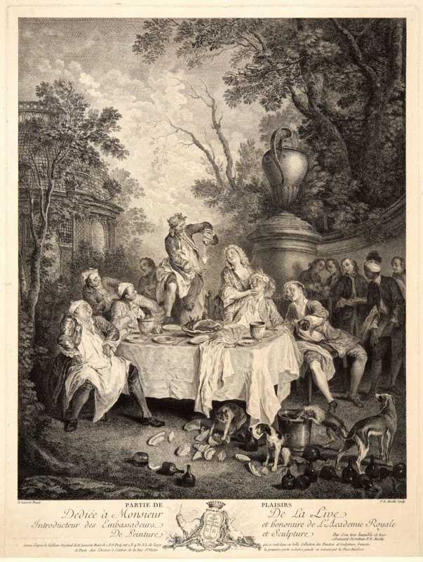 Pierre Etienne Moitte (French, 1722-1780) after Nicolas Lancret (French, 1690 - 1743). Partie de Plaisirs, ca. 1750-1760. Etching and engraving on laid paper. Plate: 460 mm x 345 mm (18.11 in. x 13.58 in.).