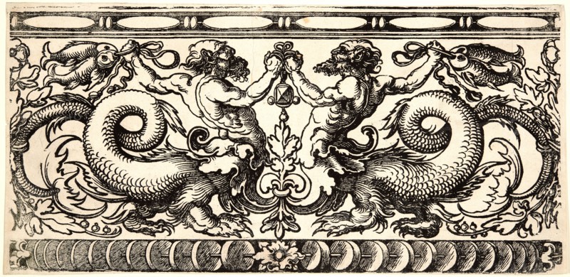 Hans Sebald Beham (German, 1500 - 1550). Frieze with Two Tritons, 16th century. Woodcut.