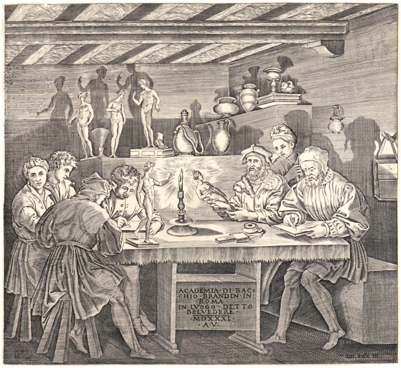 Agostino Musi (Italian, ca. 1490 - after 1536) after Baccio Bandinelli (Italian, 1488-1560). The Academy of Baccio Bandinelli, 1531. Engraving. Plate: 275 mm x 299 mm (10.83 in. x 11.77 in.). Undescribed state after first state.
