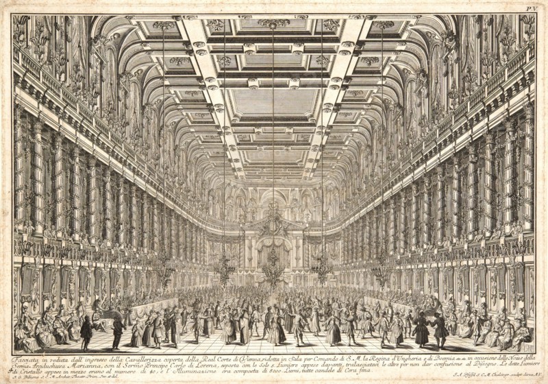 Johann Andreas Pfeffel (German 1674-1748) after Giuseppe Galli Bibiena (Italian, 1696-1756). Ball Celebrating the Marriage of Archduchess Marianne and Charles, Prince of Lorraine (Facciata in verduta dall 'ingresso della Cavallerizza coperta della Real Corte di Vienna, ridotta in Sala per Comando di S.M. la Regina...in occasione delle Nozze della Serma. Arciduchessa Marianna, con il Sermo Principe Carlo di Lorenza, espota con le dar confusione al Dissegno. Le dette Lumiere di Cristallo appese in mezzo crano al numero di 40, e l'Illuminazione era composta di 8000. Lumi, tutte candele di Cera fina.), 1744. Engraving and etching. Plate: 350 mm x 500 mm (13.78 in. x 19.69 in.).
