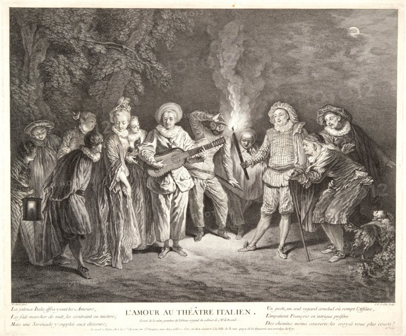 Charles-Nicolas Cochin I (French, 1688-1754) after Jean-Antoine Watteau (French, 1684 - 1721). Love in the Italian Theater (L'Amour au ThéÃ¢tre Italien), 1734. Etching and engraving. Plate: 420 mm x 501 mm (16.54 in. x 19.72 in.). Fourth of five states.