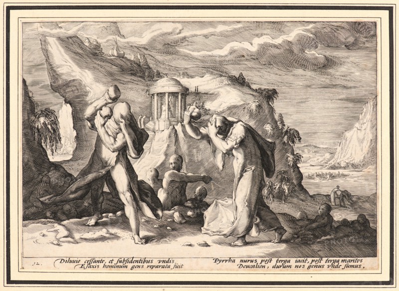 Anonymous after Hendrick Goltzius (Dutch, 1558 - 1617). Deucalion and Pyrra Repeopling the Earth, ca. 1589. From Metamorphoses. Engraving on wove paper. Plate: 176 mm x 251 mm (6.93 in. x 9.88 in.).