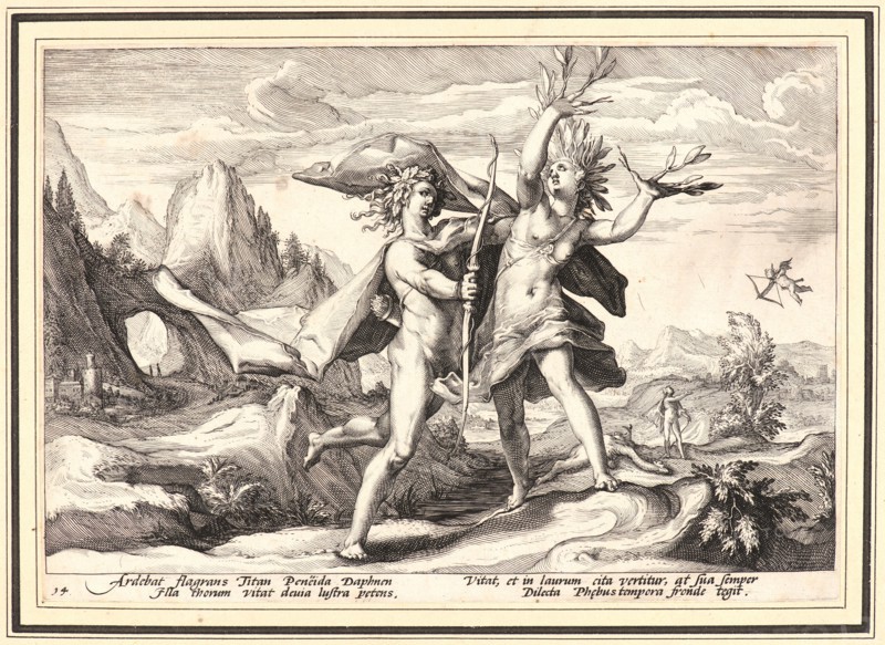 Anonymous after Hendrick Goltzius (Dutch, 1558 - 1617). Daphne Changed into a Laurel Tree, ca. 1589. From Metamorphoses. Engraving on wove paper. Plate: 174 mm x 250 mm (6.85 in. x 9.84 in.).