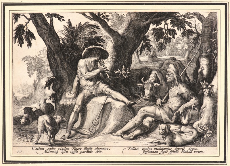 Anonymous after Hendrick Goltzius (Dutch, 1558 - 1617). Mercury Putting Argus to Sleep, ca. 1589. From Metamorphoses. Engraving on wove paper. Plate: 174 mm x 250 mm (6.85 in. x 9.84 in.).