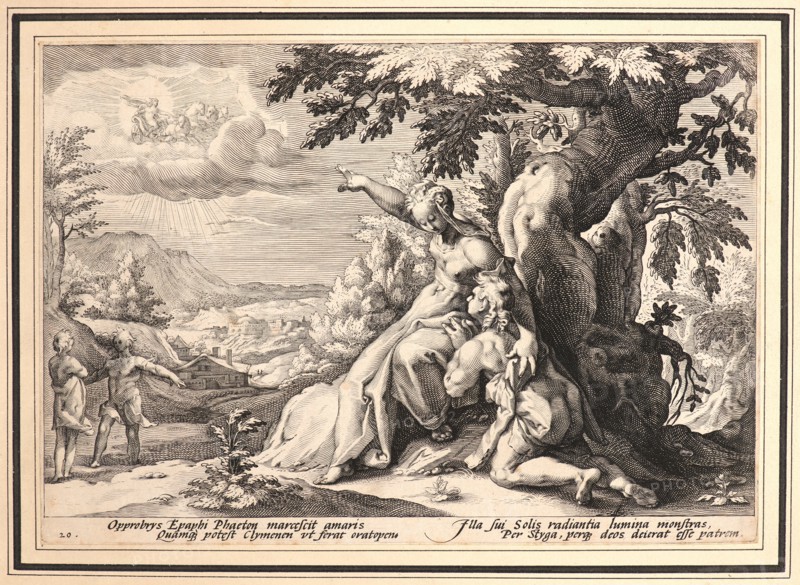 Anonymous after Hendrick Goltzius (Dutch, 1558 - 1617). Clymene Urging Phaeton to Find Helios, ca. 1589. From Metamorphoses. Engraving on wove paper. Plate: 176 mm x 250 mm (6.93 in. x 9.84 in.).
