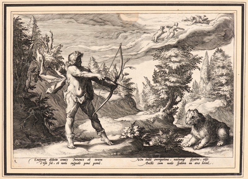 Anonymous after Hendrick Goltzius (Dutch, 1558 - 1617). Arcas Preparing to Kill His Mother, ca. 1590. From Metamorphoses. Engraving on wove paper. Plate: 176 mm x 256 mm (6.93 in. x 10.08 in.). Undescribed first state.