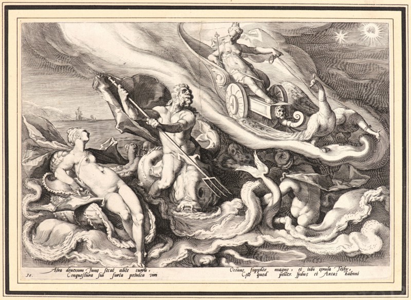 Anonymous after Hendrick Goltzius (Dutch, 1558 - 1617). Juno Complaining to Oceanus and Thetis, ca. 1590. From Metamorphoses. Engraving on wove paper. Plate: 177 mm x 253 mm (6.97 in. x 9.96 in.). Undescribed first state.