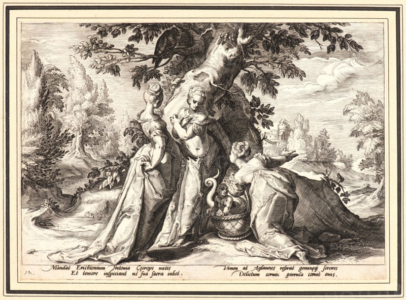 Anonymous after Hendrick Goltzius (Dutch, 1558 - 1617). The Daughters of Cecrops Opening the Casket Entrusted to Them by Minerva, ca. 1590. From Metamorphoses. Engraving on wove paper. Plate: 175 mm x 252 mm (6.89 in. x 9.92 in.). Undescribed first state.